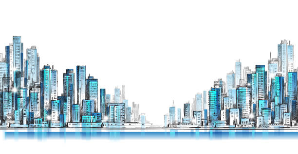 Cityscape Building Line art Vector Illustration City panorama, hand drawn cityscape, vector drawing illustration new york skyline drawing stock illustrations