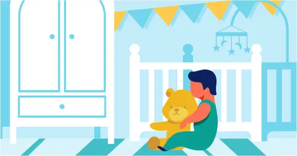 Vector illustration of Small Child Playing Alone with Teddy Bear Cartoon