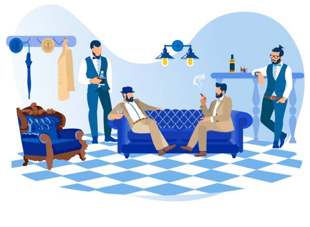 illustrations, cliparts, dessins animés et icônes de hommes élégants barbus fumant des cigares, boivent l'alcool - cigar whisky bar cognac