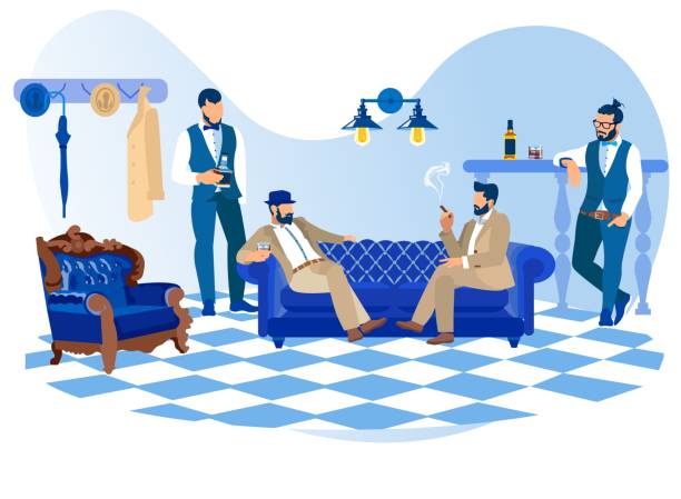 illustrazioni stock, clip art, cartoni animati e icone di tendenza di uomini eleganti barbuto che fumano sigari, bevono alcolici - cigar whisky bar cognac