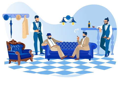 Bearded Stylish Men Smoking Cigars, Drink Alcohol