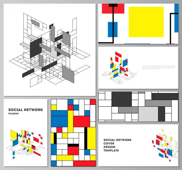 Vector illustration of The minimalistic abstract vector layouts of modern social network mockups in popular formats. Abstract polygonal background, colorful mosaic pattern, retro bauhaus de stijl design.