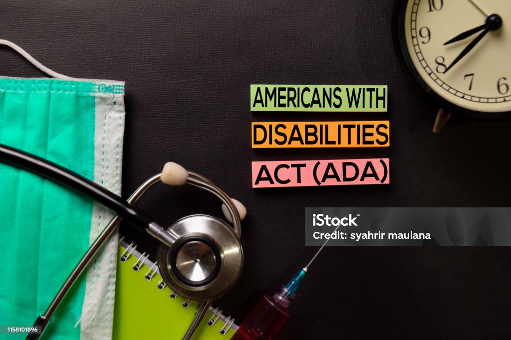 Americans with Disabilites Atc (ADA) text on top view black table with blood sample and Healthcare/medical concept. Ada - Ohio Stock Photo