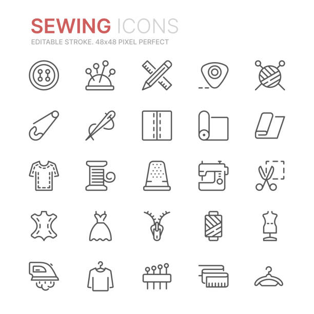 바느질 관련 라인 아이콘의 컬렉션입니다. 48x48 픽셀 완벽한. 편집 가능한 스트로크 - sewing sewing item thread equipment stock illustrations