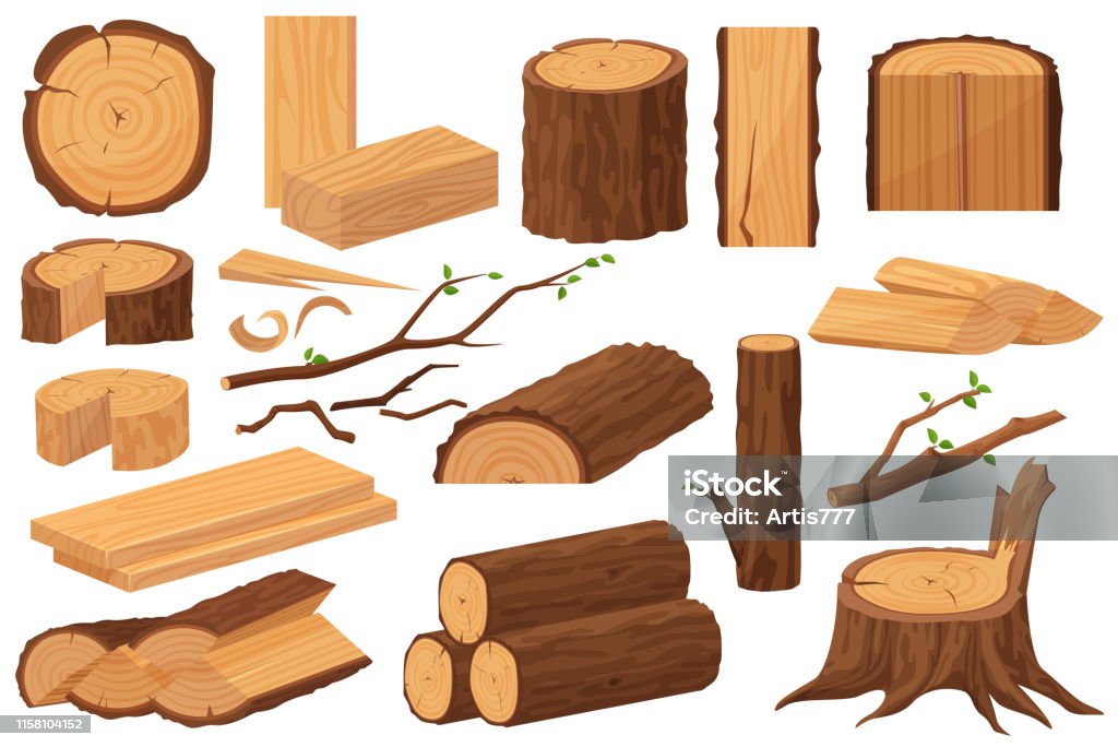 Rohstoffe der Holzindustrie. Realistische Sammlung von Produktionsmustern. Baumstamm, Stämme, Stämme, Holzarbeiten Bretter, Stümpfe, Holzzweig, Zweige Cartoon Vektor Illustration. - Lizenzfrei Holz Vektorgrafik