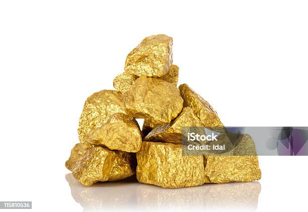 Several Gold Nuggets In A Stack Isolated On White Stock Photo - Download Image Now - Remote Location, Choice, Close-up