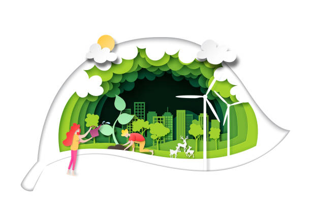 ilustrações de stock, clip art, desenhos animados e ícones de people plant the tree on green city with green leaf background layers paper art style - creative sustainability