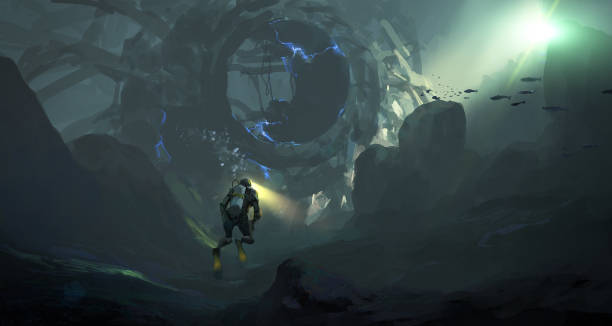 istock Mysterious machinery in the seabed, digital illustration. 1158107768