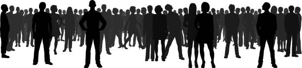 crowd (alle menschen sind vollständig und beweglich) - umrisslinie and schatten im mittelpunkt and illustration and tragen stock-grafiken, -clipart, -cartoons und -symbole