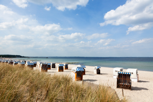 beach chairs, the so-called Strandkorbs, at Timmendorfer Strand on the german Baltic Sea shore