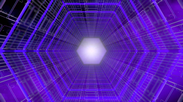istock Futuristic background front view of a tunnel with hexagonal shape structure of purple and blue with white light in the background. 3D Illustration 1158111897