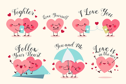two cute cartoon happy hearts in love on yellow background