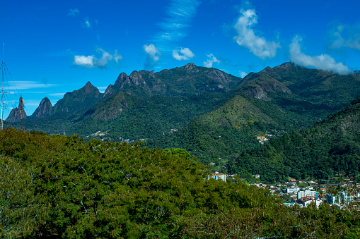 Mountains and city. Beauty of the mountains. Mountain of the Finger of God. city of Teresópolis, state of Rio de Janeiro, Brazil, South America.