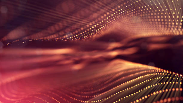 istock 3d rendering background of glowing particles with depth of field, bokeh. Microworld or sci-fi theme. Particles form line and 3d surface grid. Golden red 3 1158113775