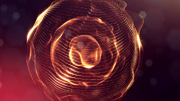 3d rendering background of glowing particles with depth of field, bokeh. Microworld or sci-fi theme. Particles form line and 3d surface grid. Golden red spherical structures11