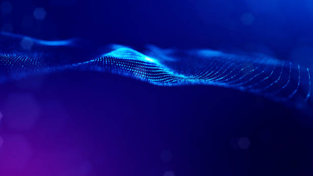 fondo de renderizado en 3d de partículas brillantes con profundidad de campo, bokeh. micromundo o tema de ciencia ficción. las partículas forman la línea y la rejilla de superficie 3d. azul 14 - nanotechnology fractal science mathematics fotografías e imágenes de stock