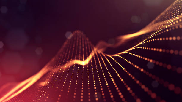istock 3d rendering background of glowing particles with depth of field, bokeh. Microworld or sci-fi theme. Particles form line and 3d surface grid. Golden red 14 1158114498