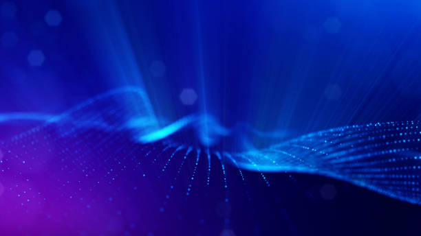 istock 3d rendering background of glowing particles with depth of field, bokeh. Microworld or sci-fi theme. Particles form line and 3d surface grid. Blue 15 1158114545