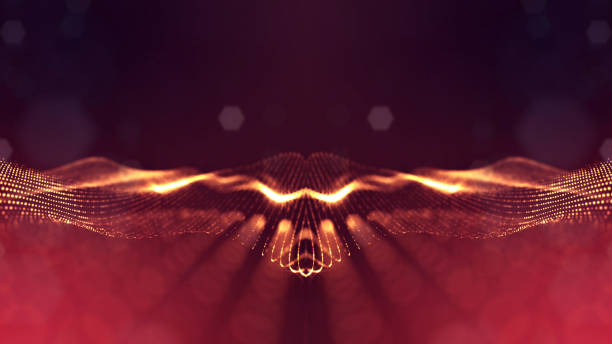 istock 3d rendering background of glowing particles with depth of field, bokeh. Microworld or sci-fi theme. Particles form line and 3d surface grid. Golden red 18 1158114555