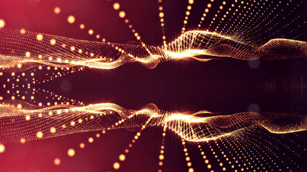 istock 3d rendering background of glowing particles with depth of field, bokeh. Microworld or sci-fi theme. Particles form line and 3d surface grid. Golden red 21 1158114606