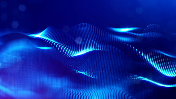 istock 3d rendering background of glowing particles with depth of field, bokeh. Microworld or sci-fi theme. Particles form line and 3d surface grid. Blue 25 1158114736