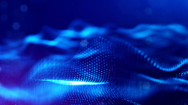 istock 3d rendering background of glowing particles with depth of field, bokeh. Microworld or sci-fi theme. Particles form line and 3d surface grid. Blue 29 1158114781