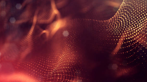 istock 3d rendering background of glowing particles with depth of field, bokeh. Microworld or sci-fi theme. Particles form line and 3d surface grid. Golden red 30 1158114810