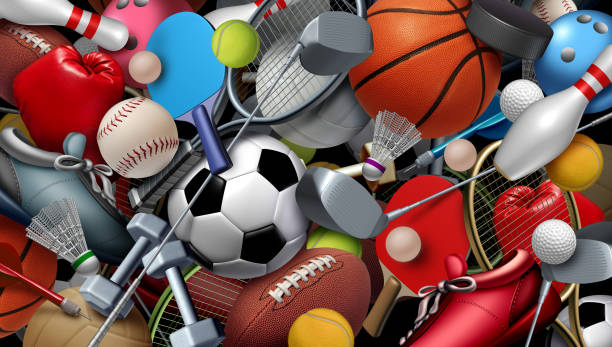 Sports And Games Background Sports equipment with a football basketball baseball soccer tennis and golf ball including ping pong tennis hockey puck as healthy recreation and leisure fun activities for team and individual playing for health with 3D illustration elements. pigskin stock pictures, royalty-free photos & images