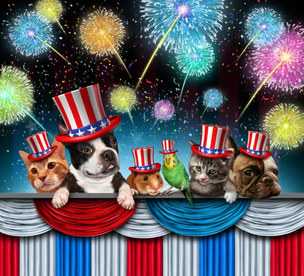 Fourth of July pet celebration and Independence day pets celebrating the United States and national federal holiday with dog puppy cat and kitten including bird and hamster wearing hats with 3D illustration elements.