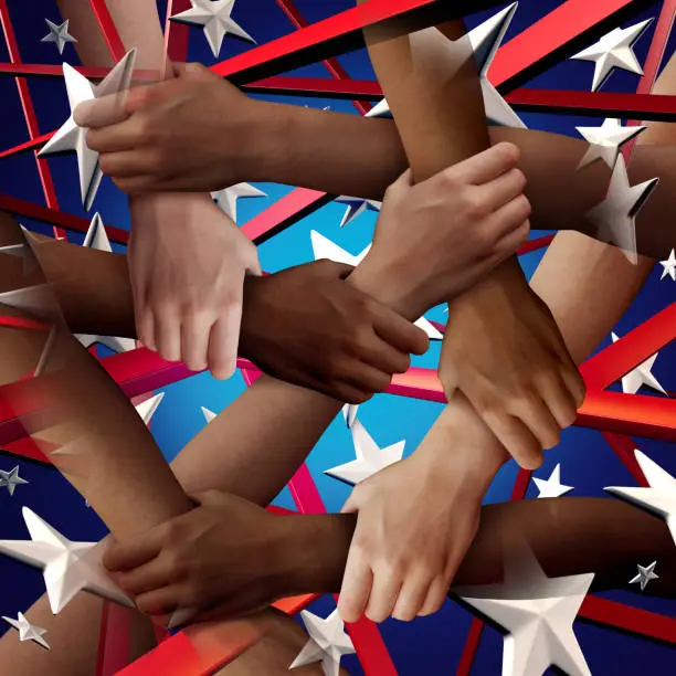 Fourth of July diversity celebration as an American national day celebrating diverse people of the United States for independence day as people holding hands together with 3D illustration elements.