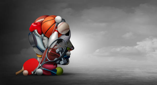 Benefits of sport and active exercise lifestyle as a group of sports equipment shaped as a human head with a soccer ball basketball football ping pong tennis and golf or jogging symbol with 3D illustration elements.