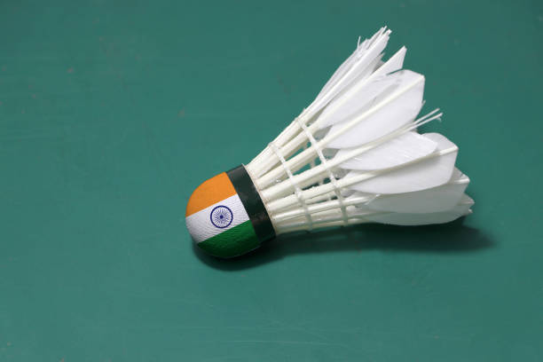 Used shuttlecock and on head painted with India flag put horizontal on green floor of Badminton court. stock photo