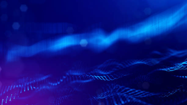 istock 3d rendering background of glowing particles with depth of field, bokeh. Microworld or sci-fi theme. Particles form line and 3d surface grid. Blue 45 1158116547