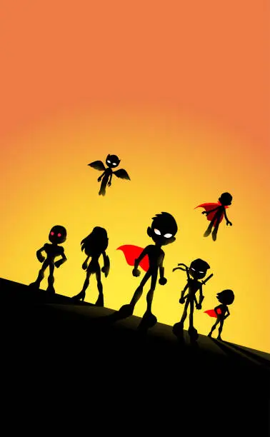 Vector illustration of Vector Kids Superhero Team Silhouette