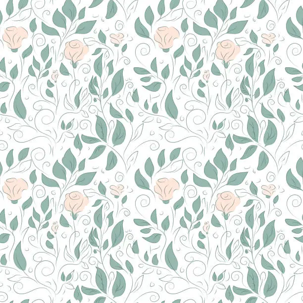 Vector illustration of Hand drawn contours of abstract rose flowers and leaves on white background.