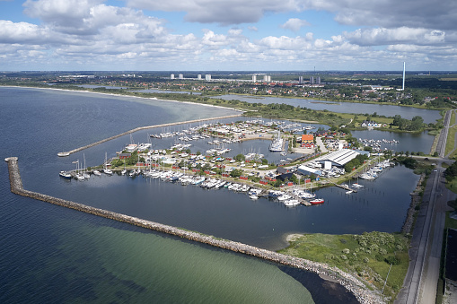 Aerial view of Broendby harbour located on Zealand in Denmark