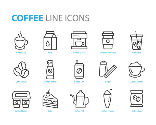 ilustraciones, imágenes clip art, dibujos animados e iconos de stock de conjunto de iconos de la línea de café, como té, matcha, limón, cacao, leche, crema, olla, bebidas - chocolate pot de creme