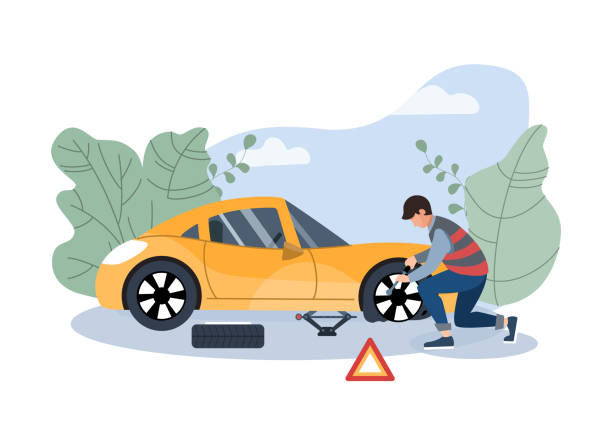 illustrations, cliparts, dessins animés et icônes de roue changeante de mécanicien sur un bord de la route. concept d'assistance routière. accident d'assurance sur la route. illustration plate de vecteur. - men mechanic adult backgrounds