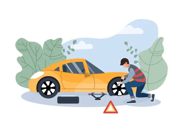 Vector illustration of Mechanic changing wheel on a roadside. Road assistance concept. Insurance accident on the road. Flat vector illustration.