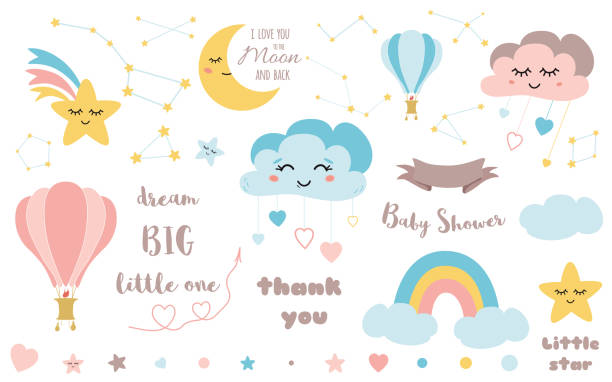 Baby shower elements Cute design element for nursery Moon cloud star rainbow ribbon icon vector set vector art illustration