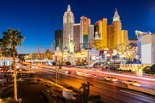 Aerial shot of casinos and hotels on the Las Vegas strip at sunset. Authorization was obtained from the FAA for this operation in restricted airspace.