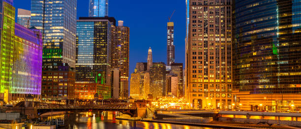 istock Chicago downtown night sunset panorama 1158125809