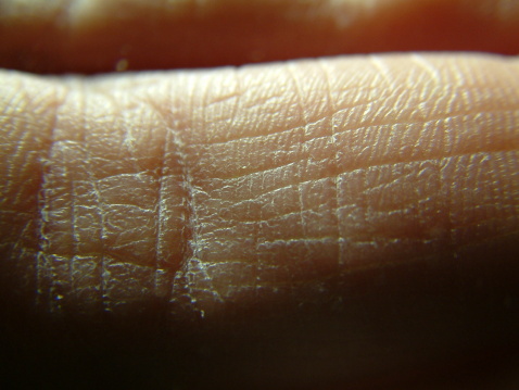 A finger taken extremely close up. The details and contours of the finger are very visible. Wrinkels are fairly defined.
