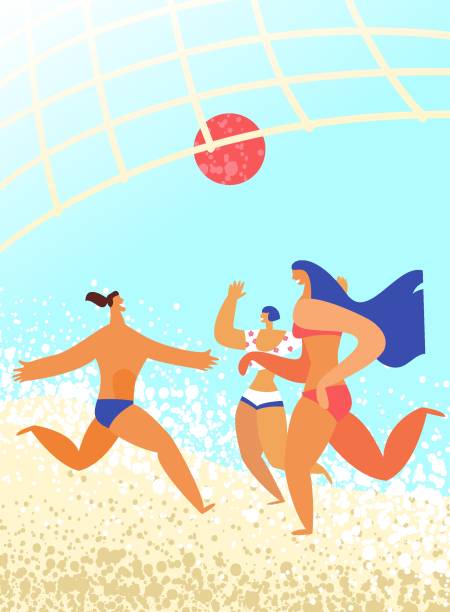 ilustrações de stock, clip art, desenhos animados e ícones de group of friends playing beach volley. summer holidays, active pastime, sports and fitness - volleying sport summer men