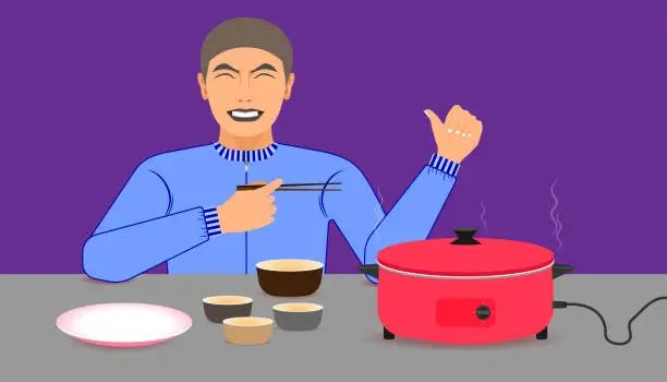 Vector illustration of free space on the chalice  dish and electric pan for your food promotion. a man happy while eating meal recommended and acting give a like on left hand and right holding the chopsticks. vector