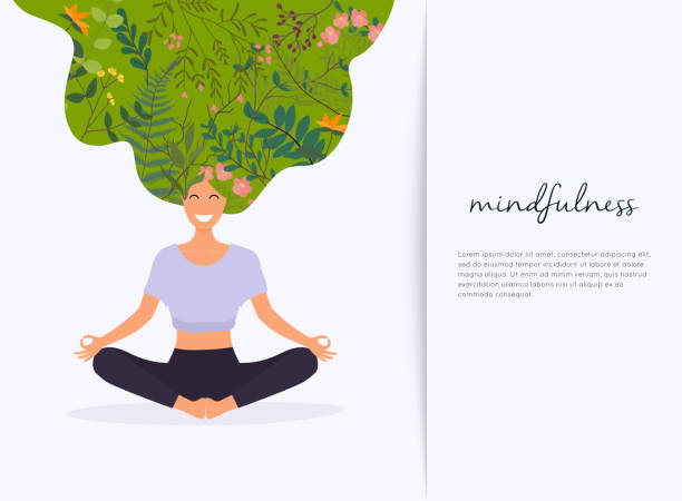 Girl with flower hair in gyan mudra yoga lotus pose exercise. Meditation health benefits for body, mind and emotions. Girl with flower hair in gyan mudra yoga lotus pose exercise. Meditation health benefits for body, mind and emotions. mindfulness children stock illustrations