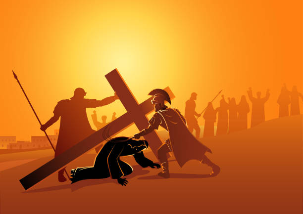 jesus fällt zum dritten mal - station of the cross stock-grafiken, -clipart, -cartoons und -symbole