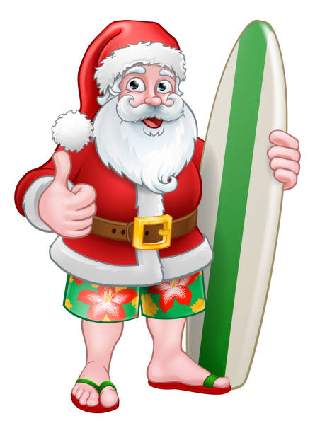 ilustrações, clipart, desenhos animados e ícones de desenhos animados da ressaca de papai noel do natal - beach sunlight surfboard santa claus