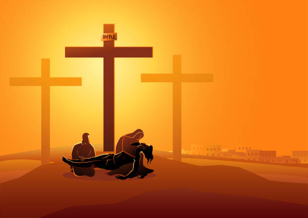 jesus wird vom kreuz herabgenommen - station of the cross stock-grafiken, -clipart, -cartoons und -symbole