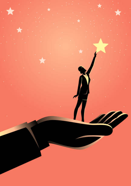 ilustrações, clipart, desenhos animados e ícones de mão gigante que ajuda uma mulher de negócio a alcangar para fora para as estrelas - reach for the stars